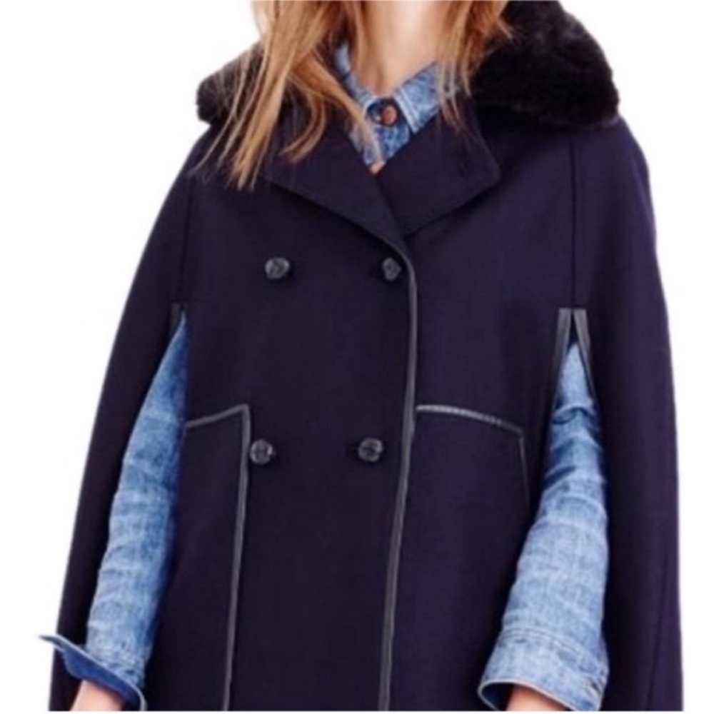 J. Crew Collection Navy Blue Wool Double Breasted Leather Trim Cape XS/S - Picture 2 of 12